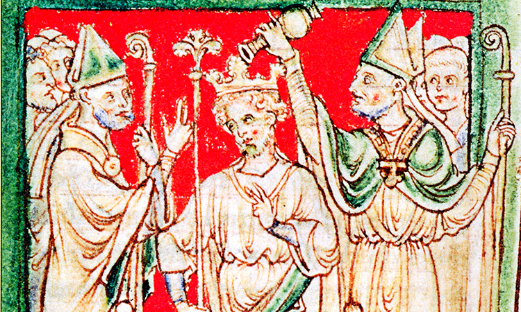 A manuscript image of Richard I's coronation, with Richard seated and bishops on either side performing the ceremony